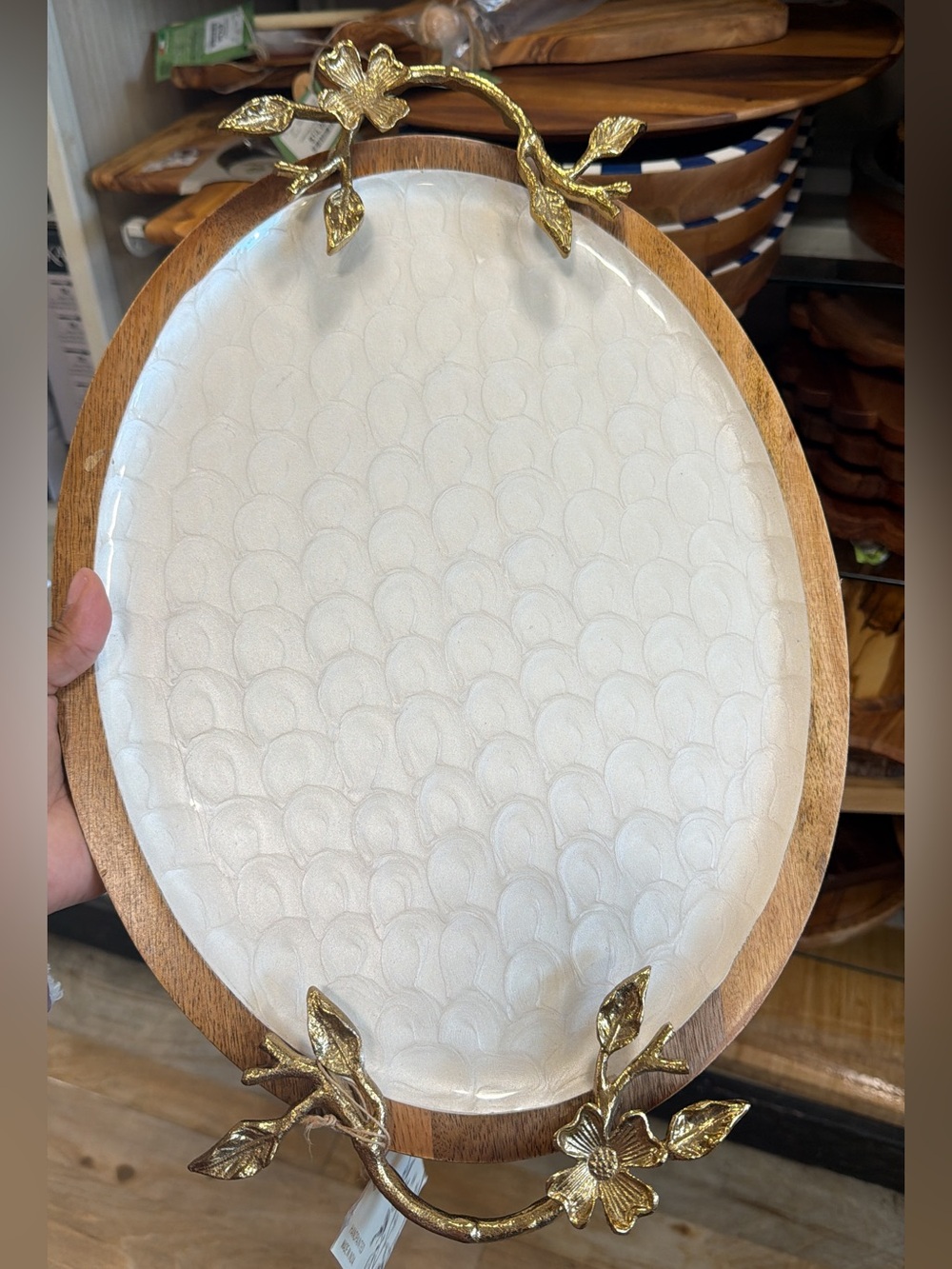 Oval Wood & White Decorative Serving Tray with Gold Floral Handles